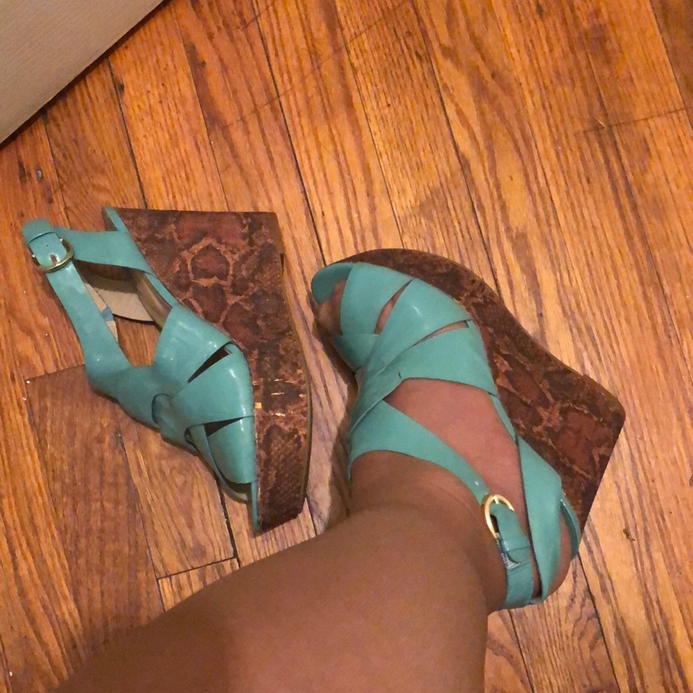 Joan & David Blue and Brown Wedge Sandals 4.5 inches